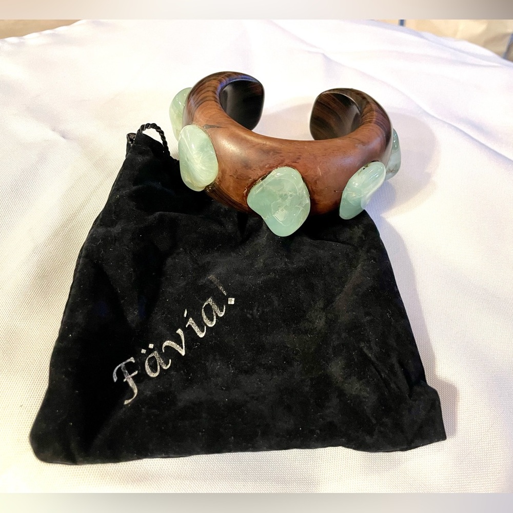 Wide Wooden Cuff w/ Large Chrysoprase handmade by Jewelry Designer Flavia $698